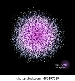 Magenta dust explosion. Colored clouds on a black background. Bundle of energy. Flying particles. Space object, galaxy, nebula. Creative background for text. Round abstract vector illustration 