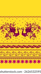 
Magenta fairy birds and beautiful horizontal floral border jn sunny yellow background. Boho print for a scarf, fabric, runner, towel. Ethnic natural pattern.
