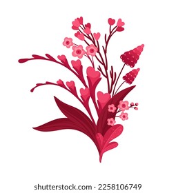 Magenta Floral Arrangement. Blooming Red and Pink meadow composition - flowers, leaves and hearts. Isolated vector clipart, illustration on white background