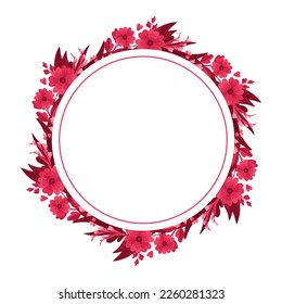 Magenta Floral Arrangements, Blank Wreath. Round Empty Frame with Blooming Flowers, Red and Pink Leaves and Hearts. Isolated vector clipart, illustration on white background