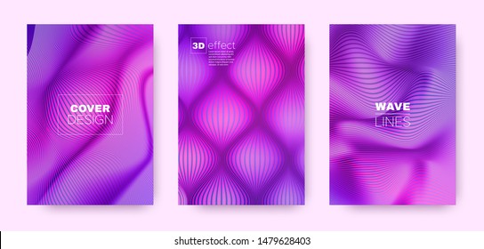 Magenta Flow Cover. Farbige Vektorillustration Formen. Geschäftsverzerrte Linien. 3d Geometrische Broschüre. Violette, lebendige Streifen.Wellenhintergrund. Überschrift 3d Geometrische Formen.