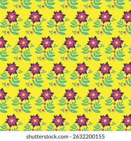 Diseño de patrón de hoja verde de flor magenta en ilustración de fondo amarillo Obra de arte de Vector para Fondo de pantalla, arte de pared, cuaderno o diseño textil