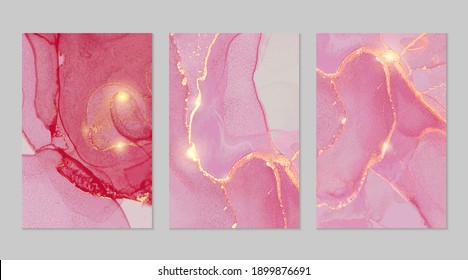 Magenta and gold stone marble pattern with sparkles. Abstract vector background in alcohol ink technique. Modern paint with glitter. Set of templates for banner, poster design. Fluid art painting