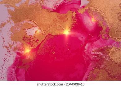 Magenta, gold and violet abstract marble pattern with sparkles. Vector background in alcohol ink technique with glitter. Template for banner, poster design. Fluid art painting