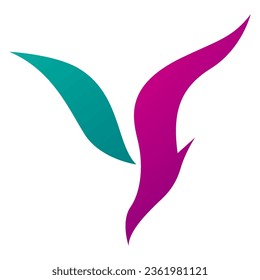 Magenta and Green Diving Bird Shaped Letter Y Icon on a White Background