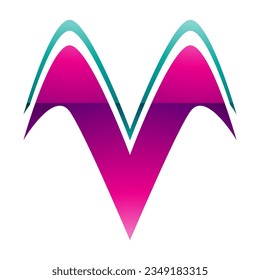 Magenta and Green Glossy Wing Shaped Letter V Icon on a White Background