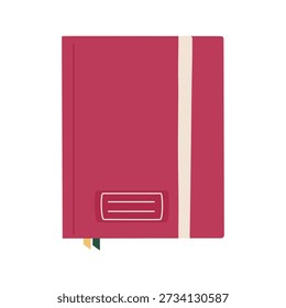 Magenta hardcover notebook with a vertical elastic closure band and bookmarks. Classic diary or moleskine style stationery