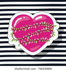 magenta heart sticker with climbing plant around on pop art on black striped background