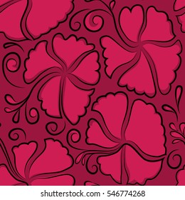 Magenta hibiscus flowers seamless pattern. Vector illustration.