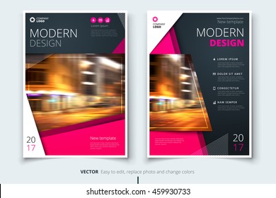 Magenta Magazine design. Corporate business template for brochure, annual report, catalog. Layout with bright color and abstract city photo placeholder. Leaflet, poster, flyer or banner concept