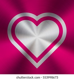 Magenta metal abstract heart technology background with circular polished, brushed concentric texture, chrome, silver, steel, aluminum for design concepts, web, prints, wallpapers. Vector illustration