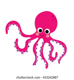 Magenta Octopus animal cartoon character isolated on white background.