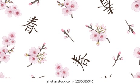 Magenta on white background. The idea of textile design, wallpaper, packaging, printing. Handmade Seamless pattern in oriental style. Fresh sakura flower pattern.