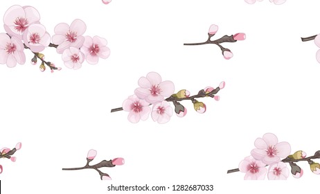 Magenta on white fond. Theme design fabric, invitations, packaging, cards. Handmade Seamless pattern in the Japanese style. Flying sakura flowers.