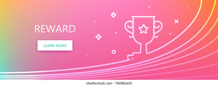 Magenta and orange colored vector banner with reward word and winner cup icon in art ine style.