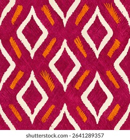 Magenta and orange patterned fabric with white diamonds, grunge lines ikat pattern, striped seamless pattern, Vector illustration background for print the paper.