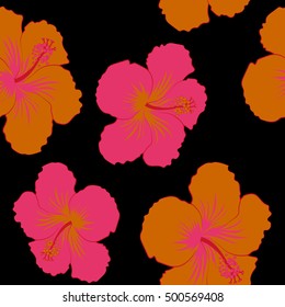Magenta and orange seamless tropical flowers, hibiscus vector pattern a black background.