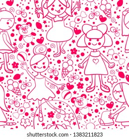 magenta outline cartoon little girls playing games on a children's toys background seamless vector pattern.
Summer vocation scene