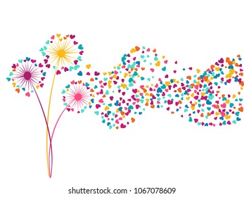 Magenta pink blue vector dandelion herbs, meadow flowers illustration. Floral seasonal background with dandelion blowing plant. Flowers with heart shaped feather flying. Meadow blossom on white.