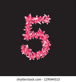 Magenta and pink flower number five (5) on black background. Vector illustration. Eps 10.