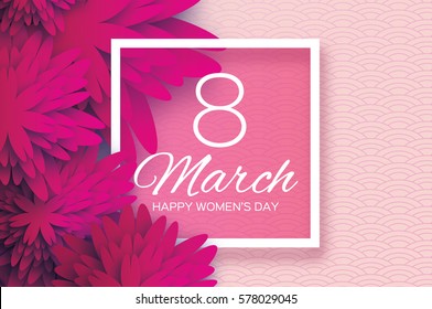 Magenta Pink Paper Cut flower. 8 March. Women's Day Greeting card. Origami Floral bouquet. Square frame. Space for text. Happy Mother's Day. Circle background. Vector Spring illustration