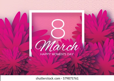 Magenta Pink Paper Cut flower. 8 March. Women's Day Greeting card. Origami Floral bouquet. Square frame. Space for text. Happy Mother's Day. Circle background. Vector Spring illustration