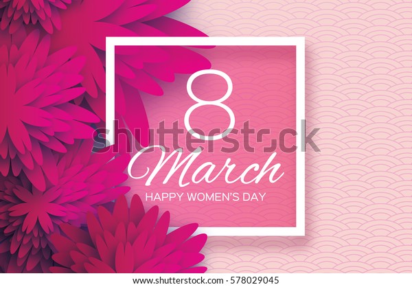 品红粉色纸切花 8 3 月 妇女节贺卡 折纸花束 库存矢量图 免版税