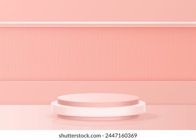 A magenta podium with a wood design on a pink background