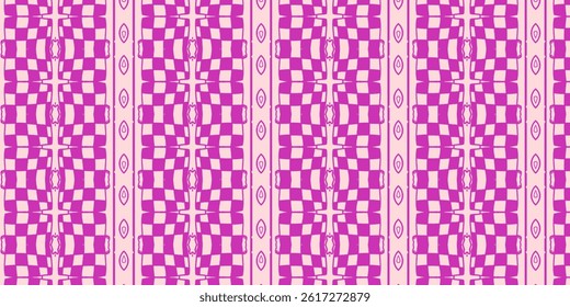 Magenta Psychedelic Checker Columns – Bold seamless surface design with wavy chessboard blocks, eye‑shaped accents and soft blush ground; Y2K‑meets‑60s vibe ideal for fashion prints