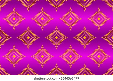 Magenta Purple Gradient Ethnic Seamless Pattern. Golden Yellow pixel geometric design ideal for fashion, apparel, textiles, and vibrant digital backgrounds.