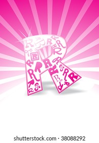 fondo magenta rayas con alfabeto aislado r, ilustración vectorial