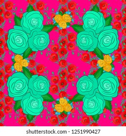 Magenta, red and green roses pattern. Vector floral sketch. Vintage flower seamless pattern. Flower pattern with roses and green leaves. Hand drawn rose flowers.