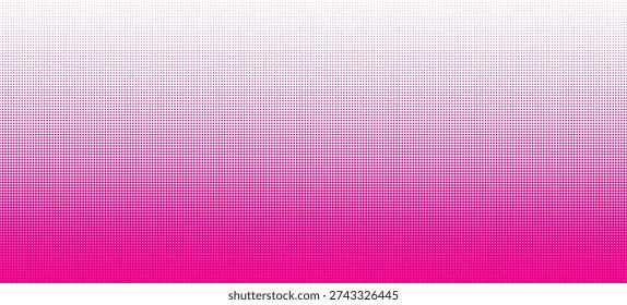 Magenta seamless dotted halftone gradient border. Pink vector halftone dot bottom to top gradation. Vector horizontal geometric background. CMYK effect seamless pattern. Abstract pixelated screenprint bg