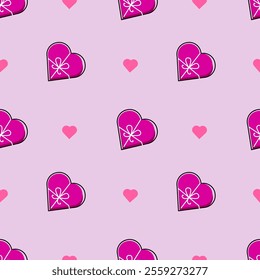 Magenta Seamless pattern with gift box love and hearts. Vector illustration. Candy heart