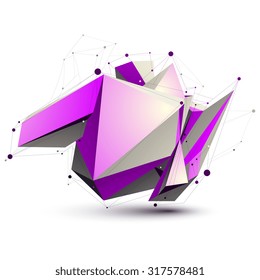 Magenta spatial lattice technology construction, abstract unusual 3d figure with lines mesh. Asymmetric object isolated on white background.
