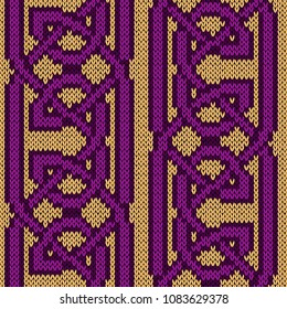 Magenta threads are interwoven on the beige background, seamless vector knitting pattern as a fabric texture