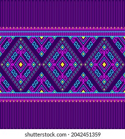 Magenta Turquoise Ethnic or Native Seamless Pattern on Purple Background in Symmetry Rhombus Geometric Bohemian Style for Clothing or Apparel,Embroidery,Fabric,Package Design