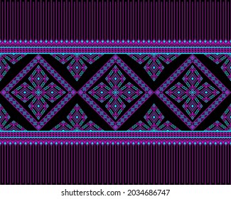Magenta Turquoise Native or Tribe Seamless Pattern on Black Background in Symmetry Rhombus Geometric Bohemian Style for Clothing or Apparel,Embroidery,Fabric,Package Design