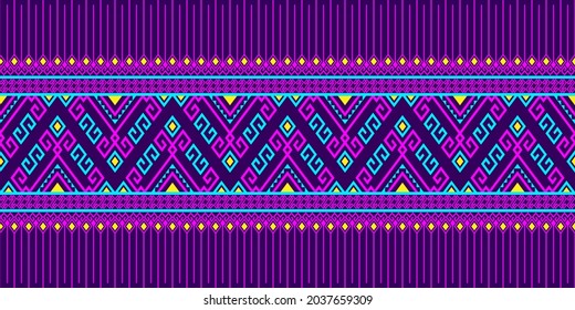 Magenta Turquoise Tribe or Native Seamless Pattern on Purple Background in Symmetry Rhombus Geometric Bohemian Style for Clothing or Apparel,Embroidery,Fabric,Package Design