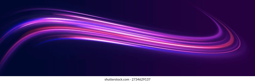 Magenta and violet light trails flow dynamically across neon highways. Curved streaks create intense motion effect. Ideal for digital artwork.
