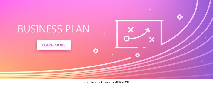 Magenta, violet and pink colored vector banner with business plan words and plan-scheme in art line style.