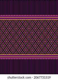 Magenta Yellow Native or Ethnic Seamless Pattern on Black Background in Symmetry Rhombus Geometric Bohemian Style for Clothing or Apparel,Embroidery,Fabric,Package Design