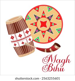 Magh Bihu Celebrate with rhythmic Dhol beats Pepa melodies intricate circular Assamese designs and festive fonts that highlight the joy of this vibrant festival