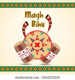 Magh Bihu Celebrating Assamese heritage with vibrant Dhol beats soulful Pepa tunes intricate designs festive fonts and traditional decorative motifs