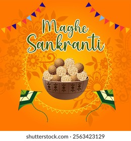  Magh Sankranti showcasing Maghe Sankranti in festive font colorful kites soaring high a bowl of traditional sweets like til ladoo and a vibrant orange background adorned with flags and floral pattern