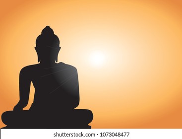 Magha Asanha Visakha Puja Day , Silhouette Buddha on golden sunset background. Vector illustration,