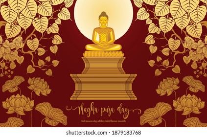 Magha puja Tag Banner mit goldenem Buddha geben einen Diskurs auf dem Vollmond Tag auf dem Hintergrund.