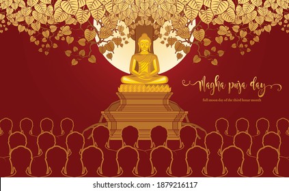 Magha puja Tag Banner mit goldenem Buddha geben einen Diskurs auf dem Vollmond Tag auf dem Hintergrund.