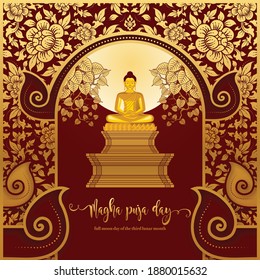 Magha puja Tag Banner mit goldenem Buddha geben einen Diskurs auf dem Vollmond Tag auf dem Hintergrund.