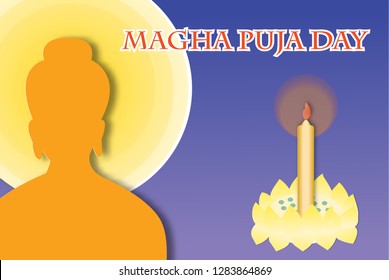 Magha Puja Day with Buddha sitting and light candles in lotus flower,vector illustration paper art style.